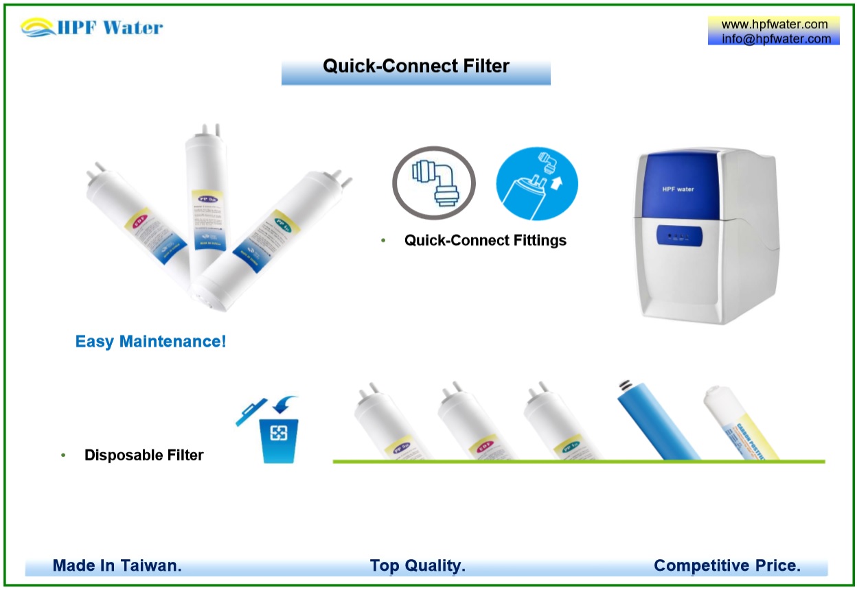 4 in 1 Function Compact RO with Quick-Connect Filters meets NSF requirements made in Taiwan. Filter Changing notice